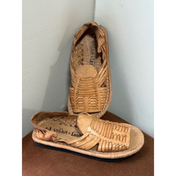 LEATHER MEXICAN HUARACHES SANDALS YOUTH KIDS SIZE 2 OPEN TOE SLIDE ON HANDMADE - Picture 1 of 7